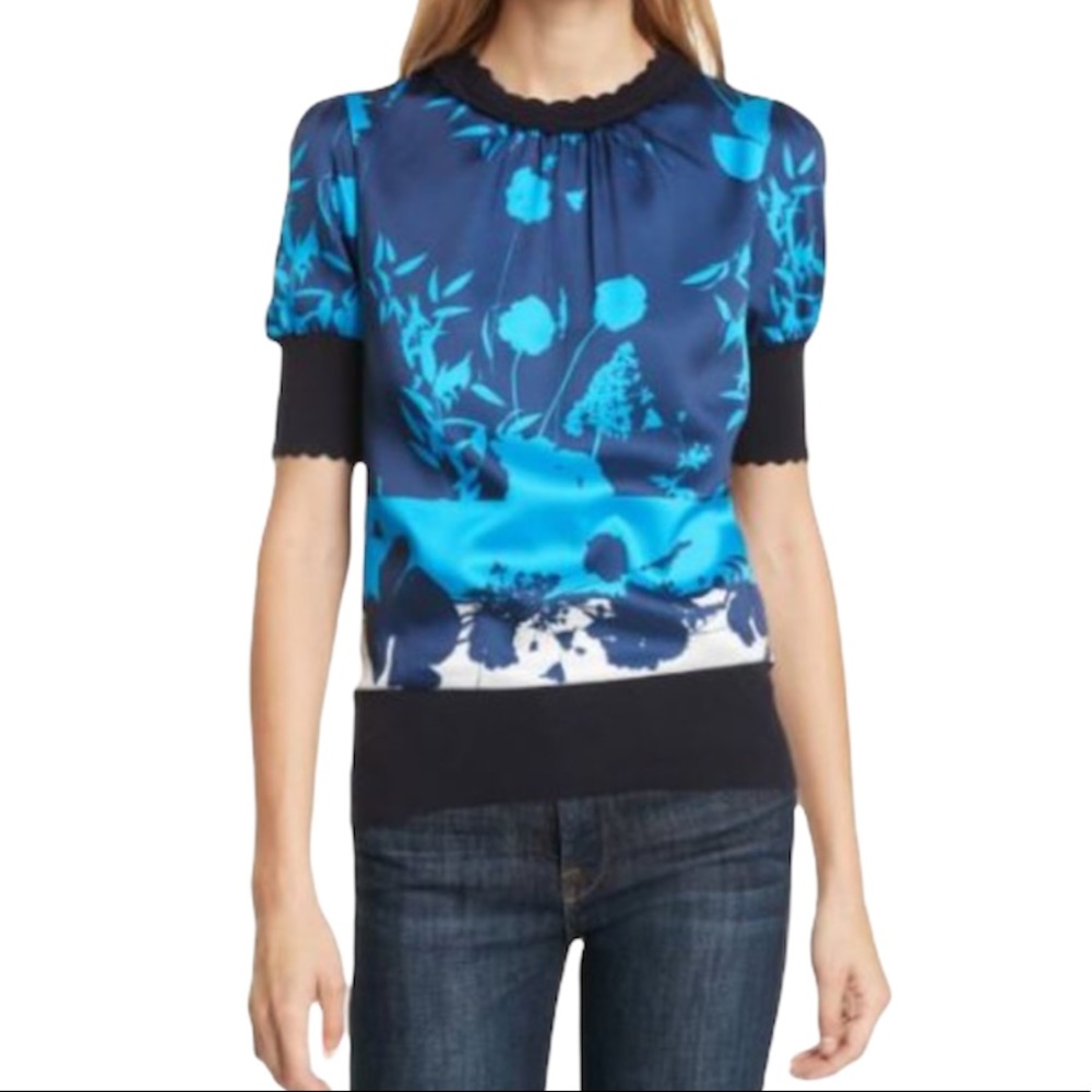 Ted Baker Mehino Bluebell Floral Satin Knit Crewneck Blouse Top